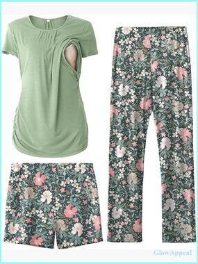 Maternity Nursing Pajama Set Medium Rayon Short Sleeve 3 Piece PJS